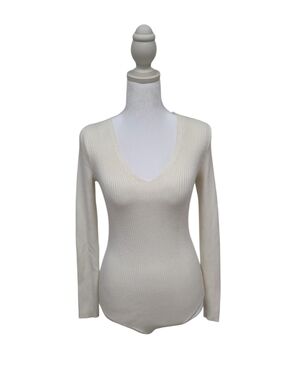 Abercrombie & Fitch Cream Ribbed V-Neck Long Sleeve Sweater